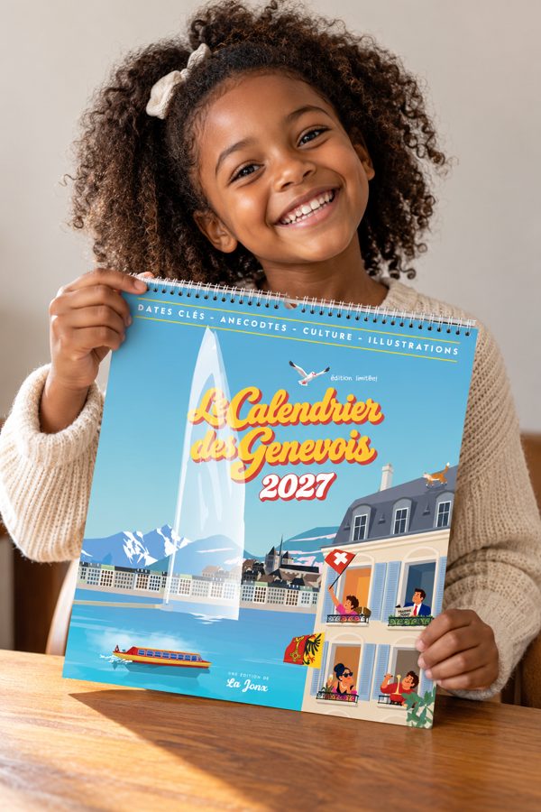 Jeanne avec son Calendrier des Genevois